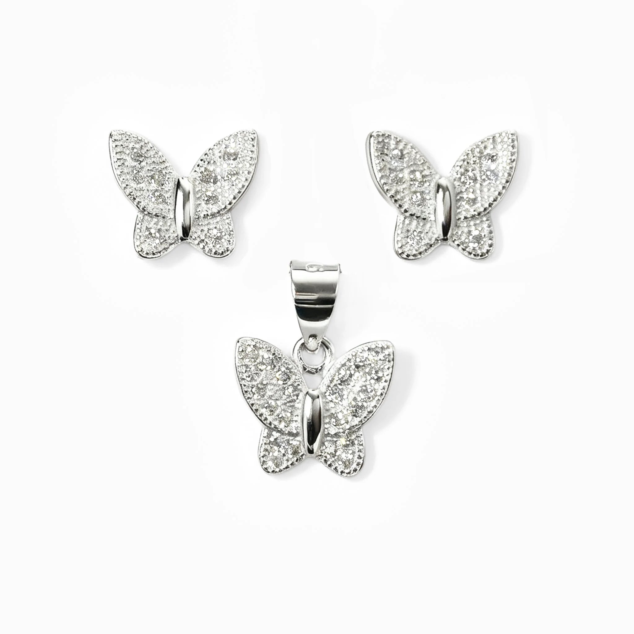 Set de topos y dije con forma de mariposa blanca en plata ley 925 y circones brillantes