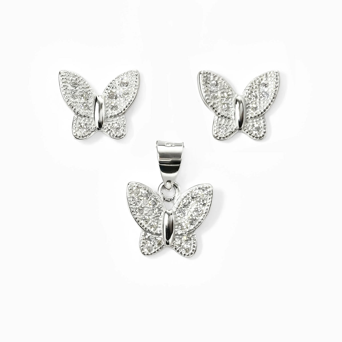 Set de topos y dije con forma de mariposa blanca en plata ley 925 y circones brillantes