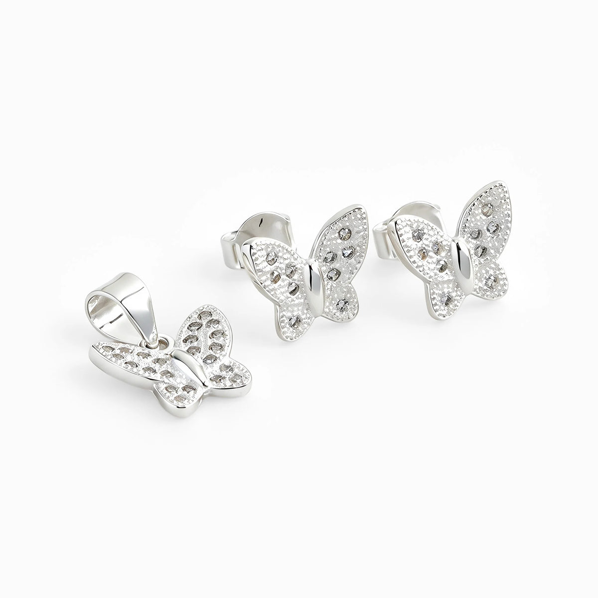Set de topos y dije con forma de mariposa blanca en plata ley 925 y circones brillantes