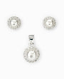 Set de topos y dije de perla clásica con halo en plata ley 925 y cadena de 50 cm