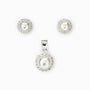 Set de topos y dije de perla clásica con halo en plata ley 925 y cadena de 50 cm