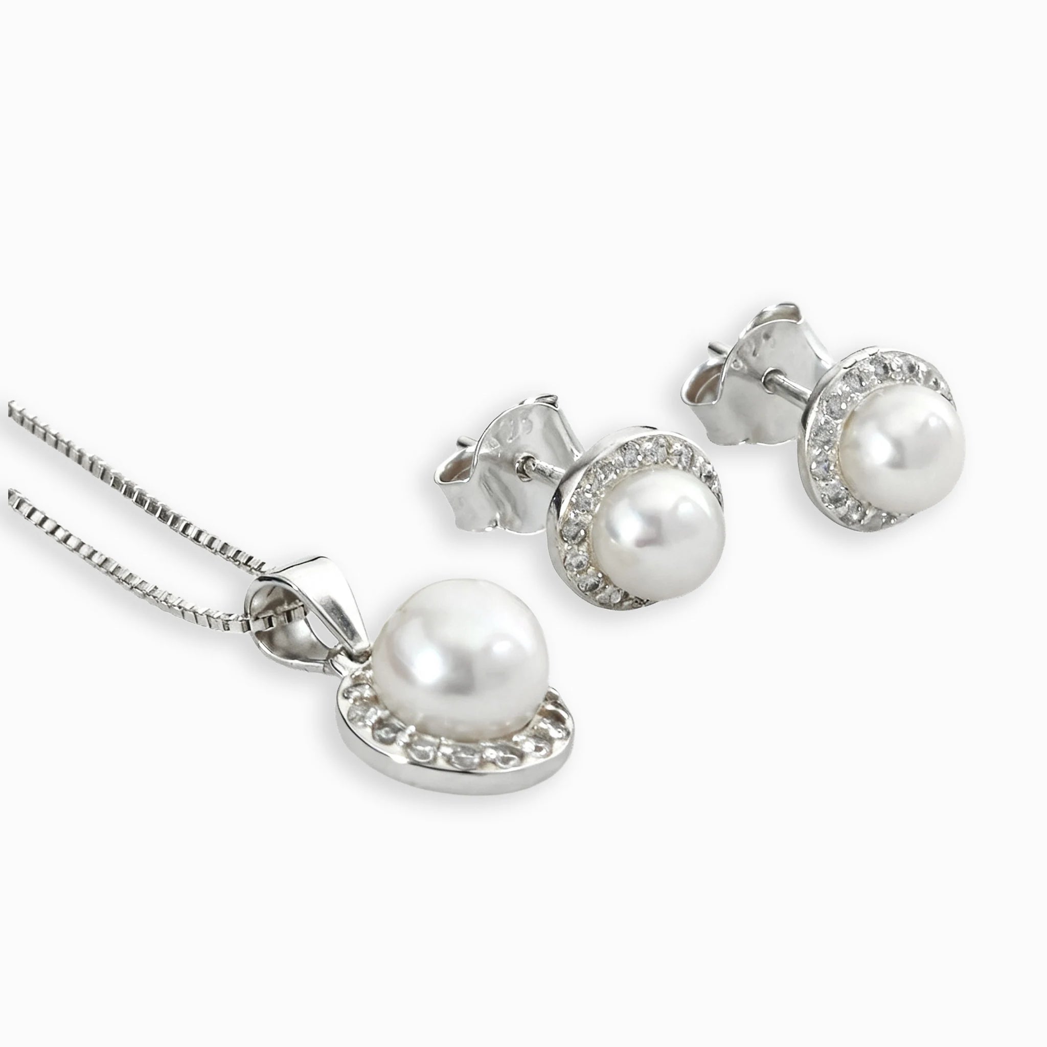 Set de topos y dije de perla clásica con halo en plata ley 925 y cadena de 50 cm