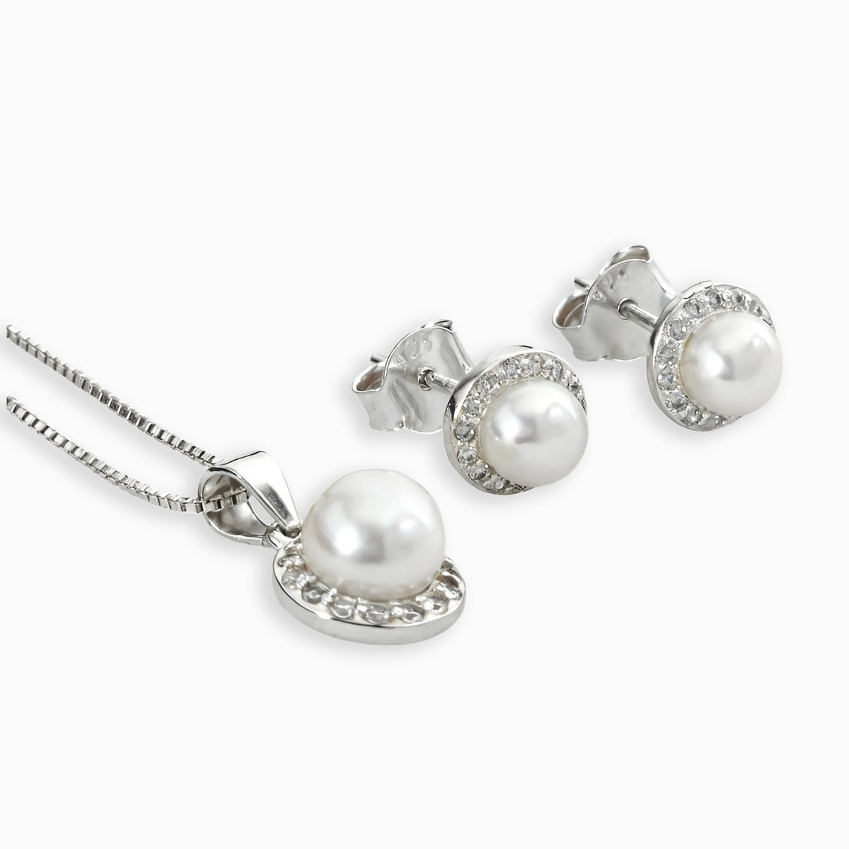 Set de topos y dije de perla clásica con halo en plata ley 925 y cadena de 50 cm