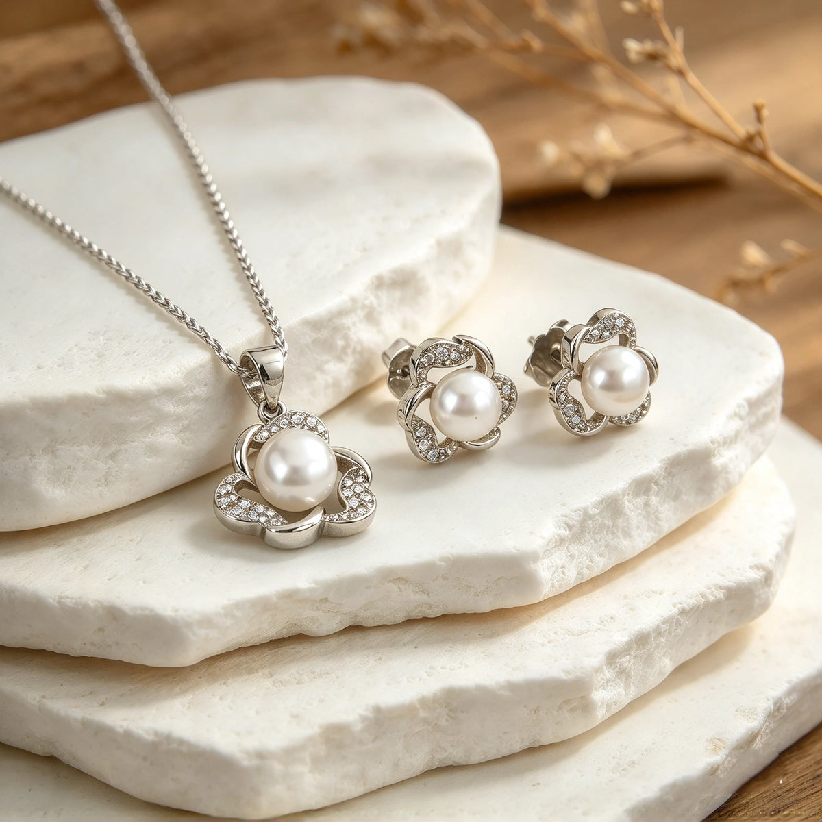 Set de topos y dije de perla y flor en plata ley 925 con cadena de 50 cm