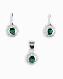 Set de aretes y dije diseño roseta en plata ley 925 y circon verde.