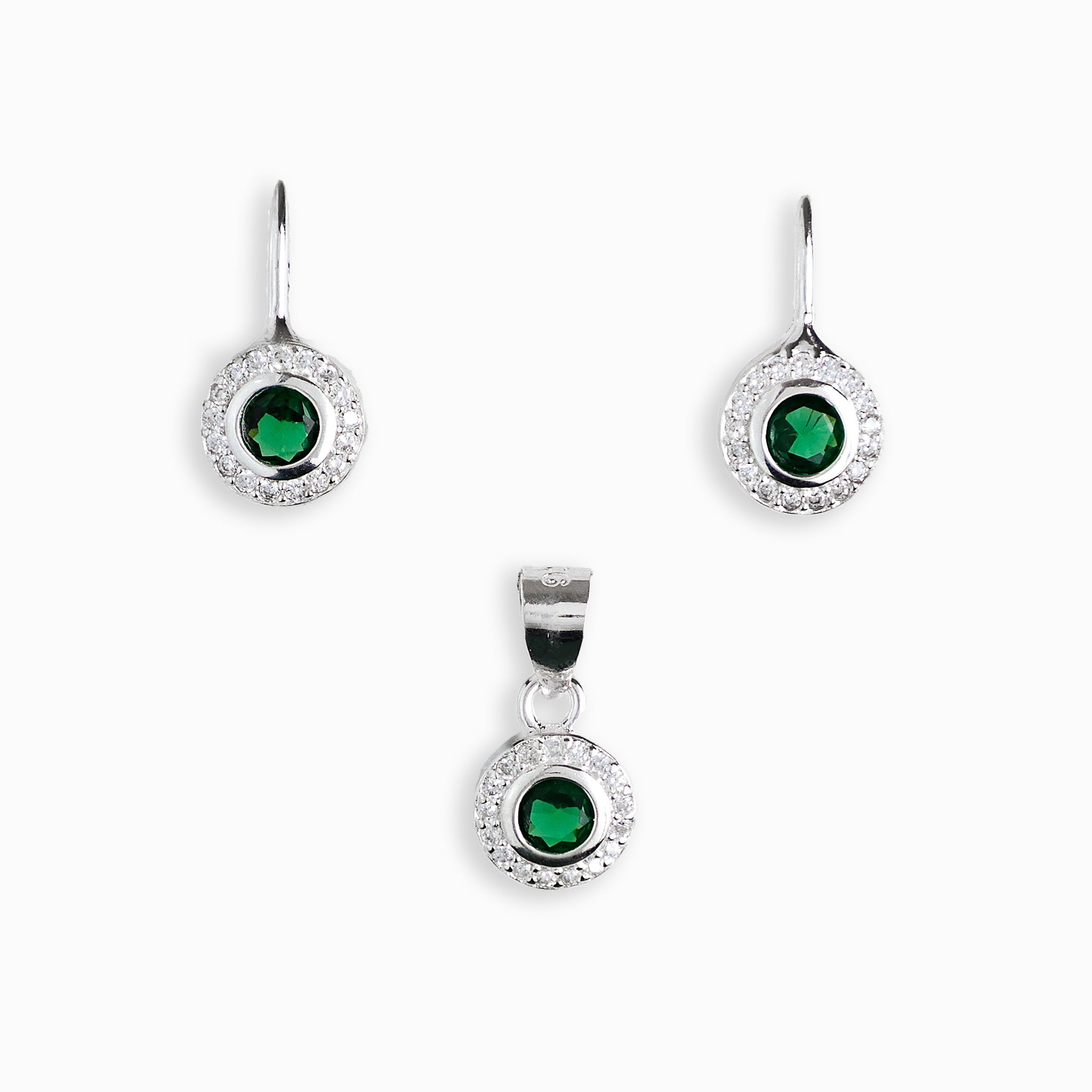 Set de aretes y dije diseño roseta en plata ley 925 y circon verde.