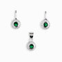 Set de aretes y dije diseño roseta en plata ley 925 y circon verde.