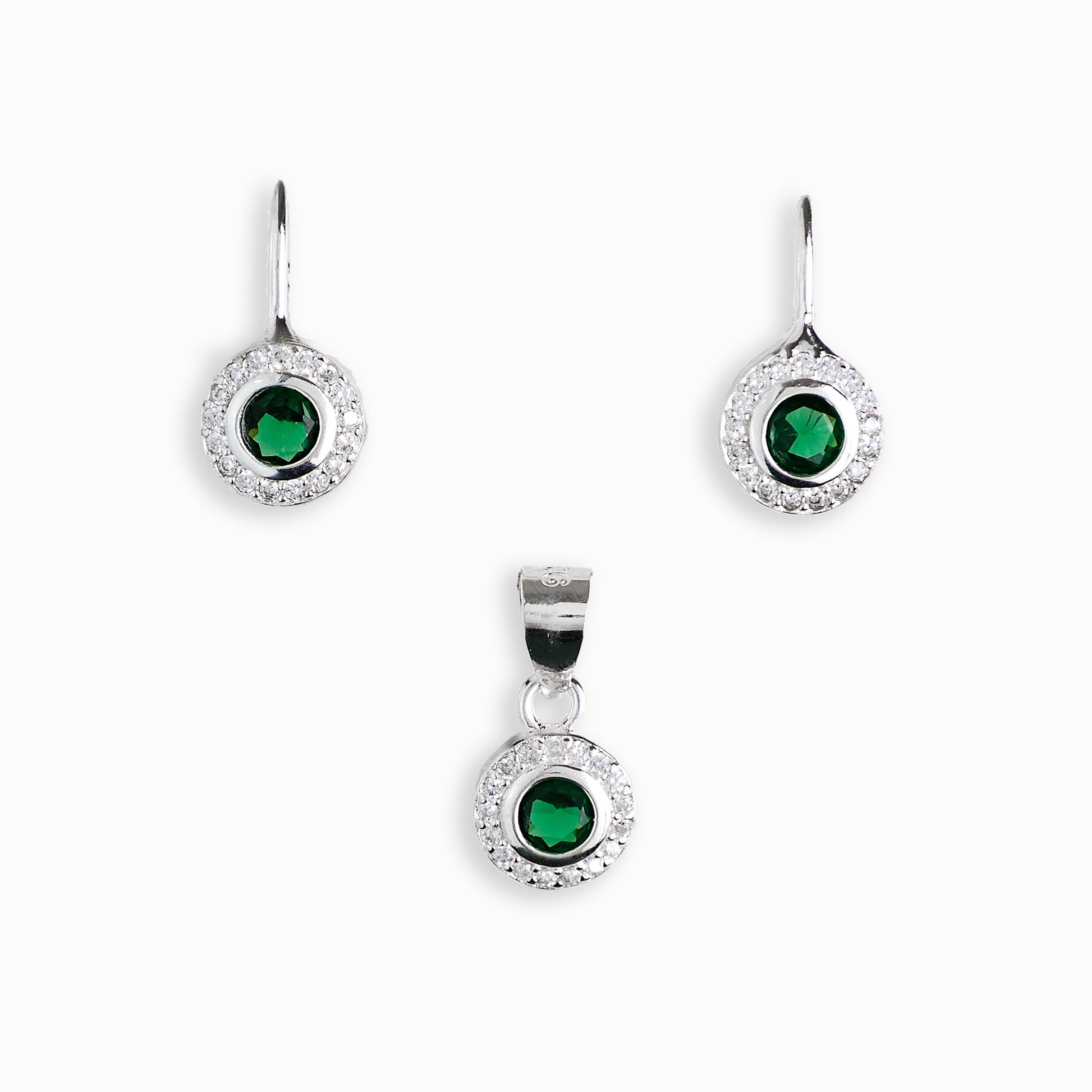 Set de aretes y dije diseño roseta en plata ley 925 y circon verde.