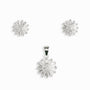 Set de aretes y dije con diseño de sol en plata ley 925 y circones blancos.