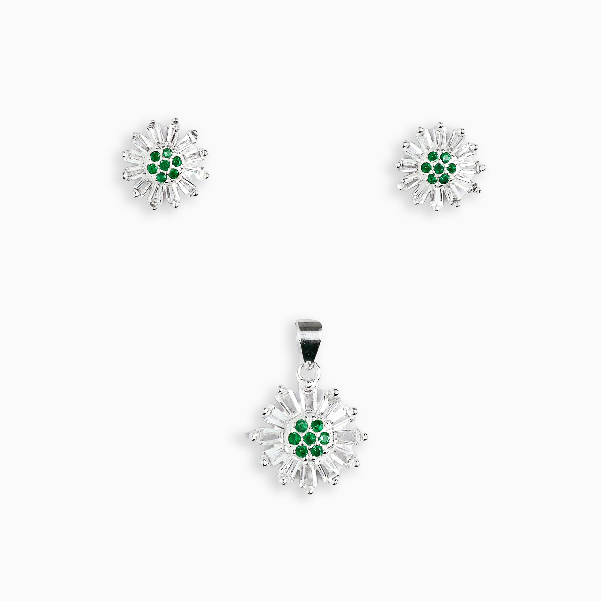 Set de joyas diseño sol en plata ley 925 con circones verdes.
