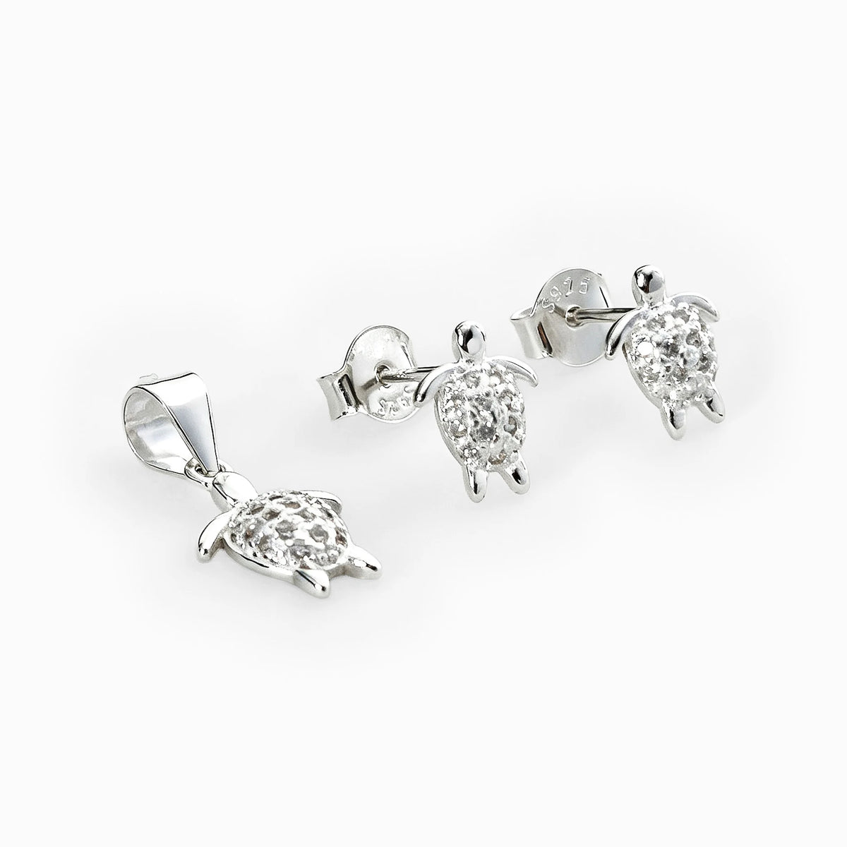 Set de topos y dije con diseño de tortuguita en plata ley 925 y circones blancos