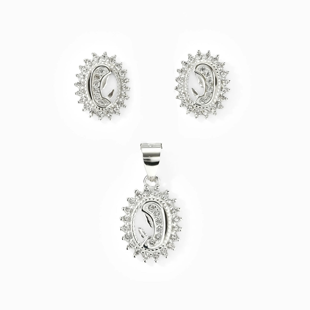 Set de topos y dije de la Virgen María con halo de circones blancos en plata ley 925