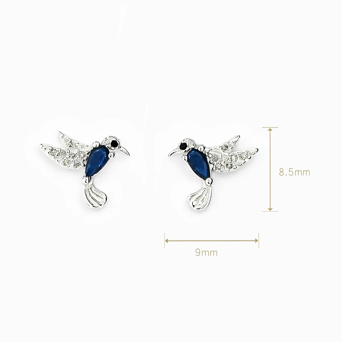 Topos con diseño de colibrí azul de 8.5x9 mm en plata ley 925 y circones