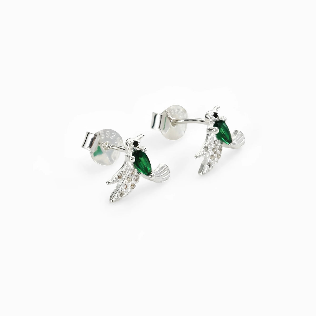 Topos con diseño de colibrí verde de 8.5x9 mm en plata ley 925 y circones