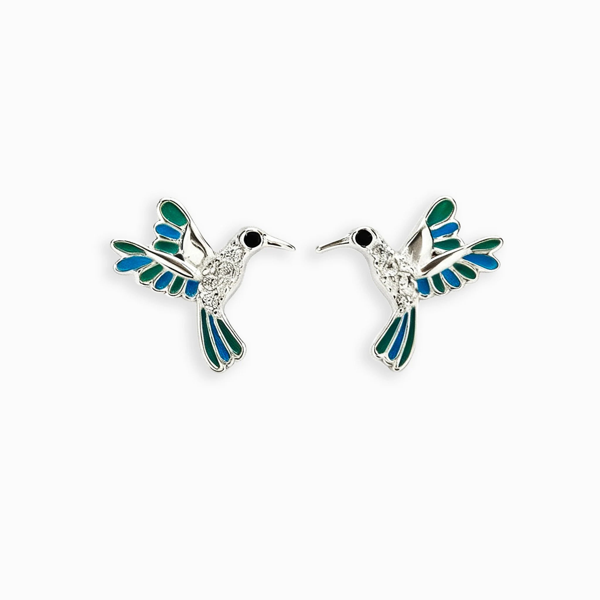 Topos de colibrí en plata ley 925 con alas esmaltadas en azul y verde de 10x8 mm