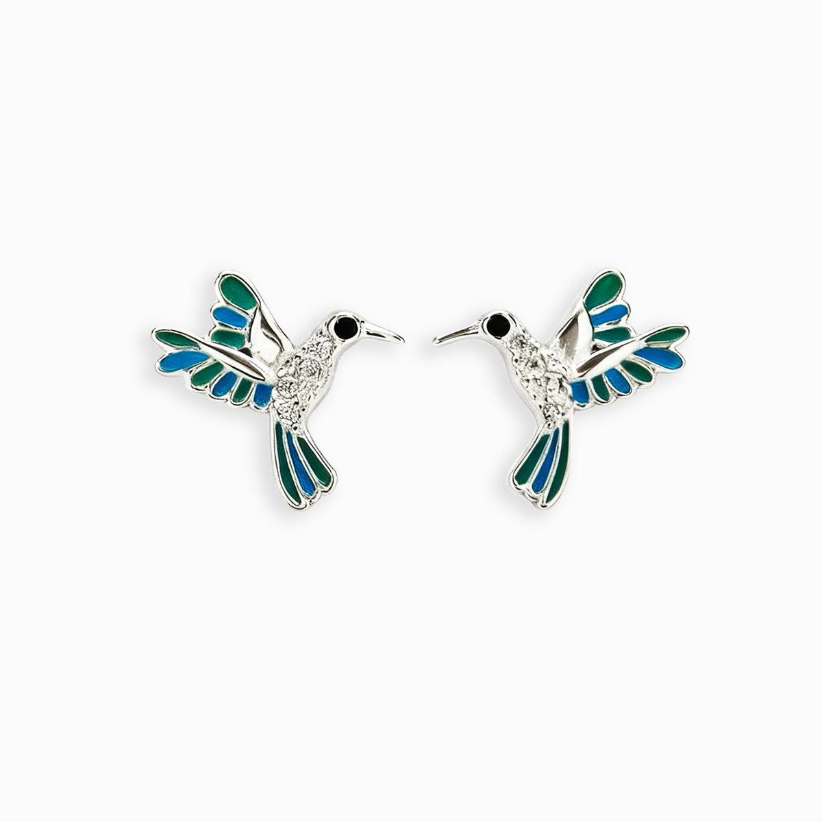 Topos de colibrí en plata ley 925 con alas esmaltadas en azul y verde de 10x8 mm