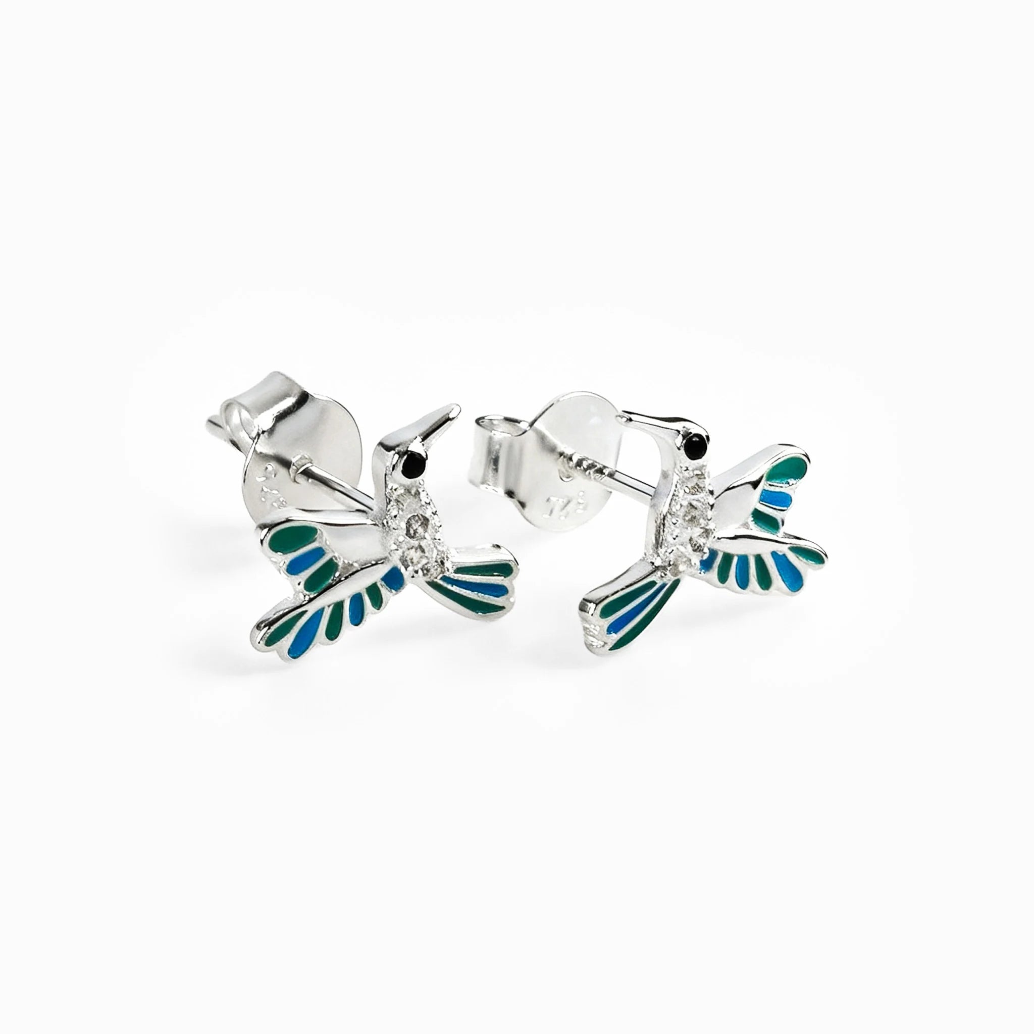 Topos de colibrí en plata ley 925 con alas esmaltadas en azul y verde de 10x8 mm