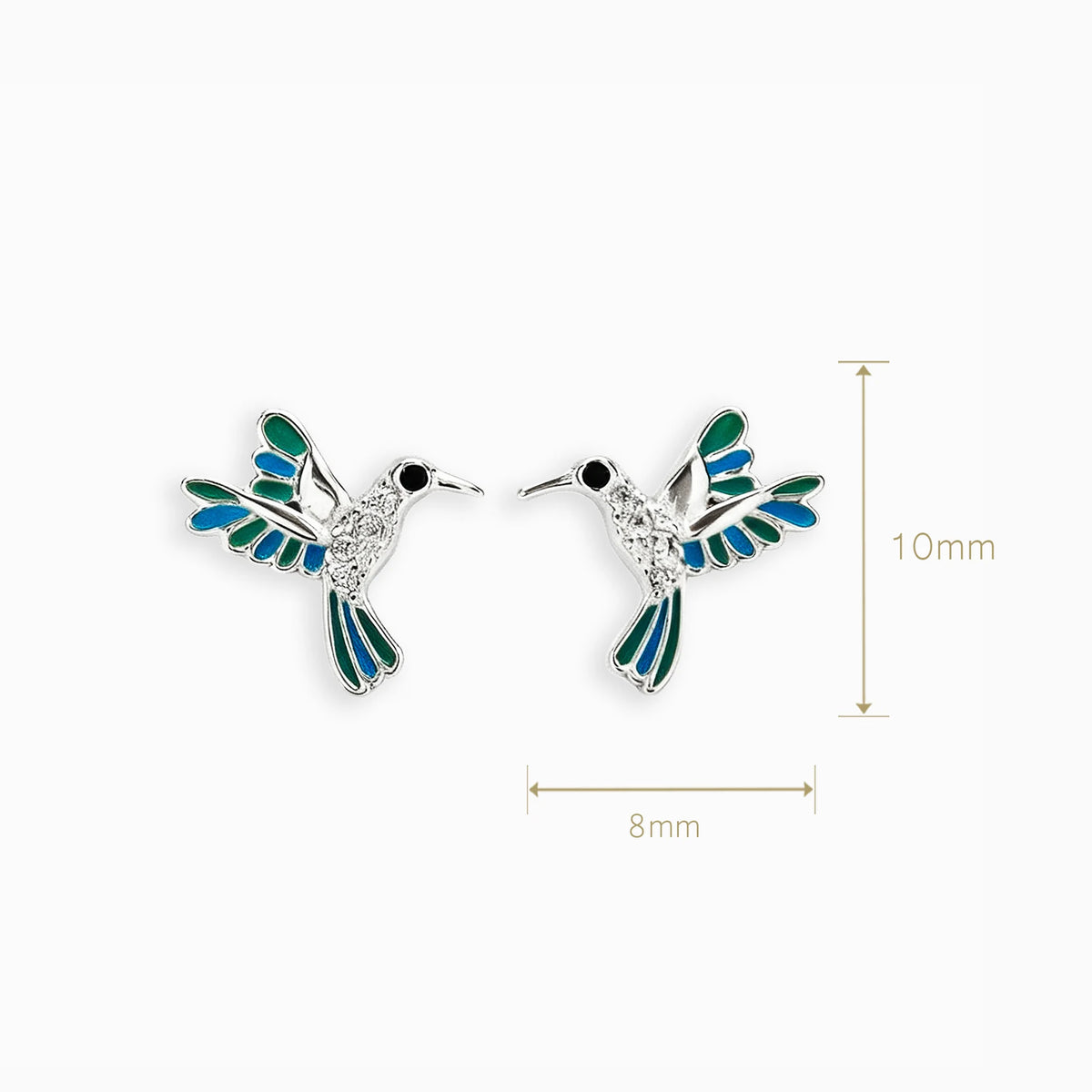 Topos de colibrí en plata ley 925 con alas esmaltadas en azul y verde de 10x8 mm