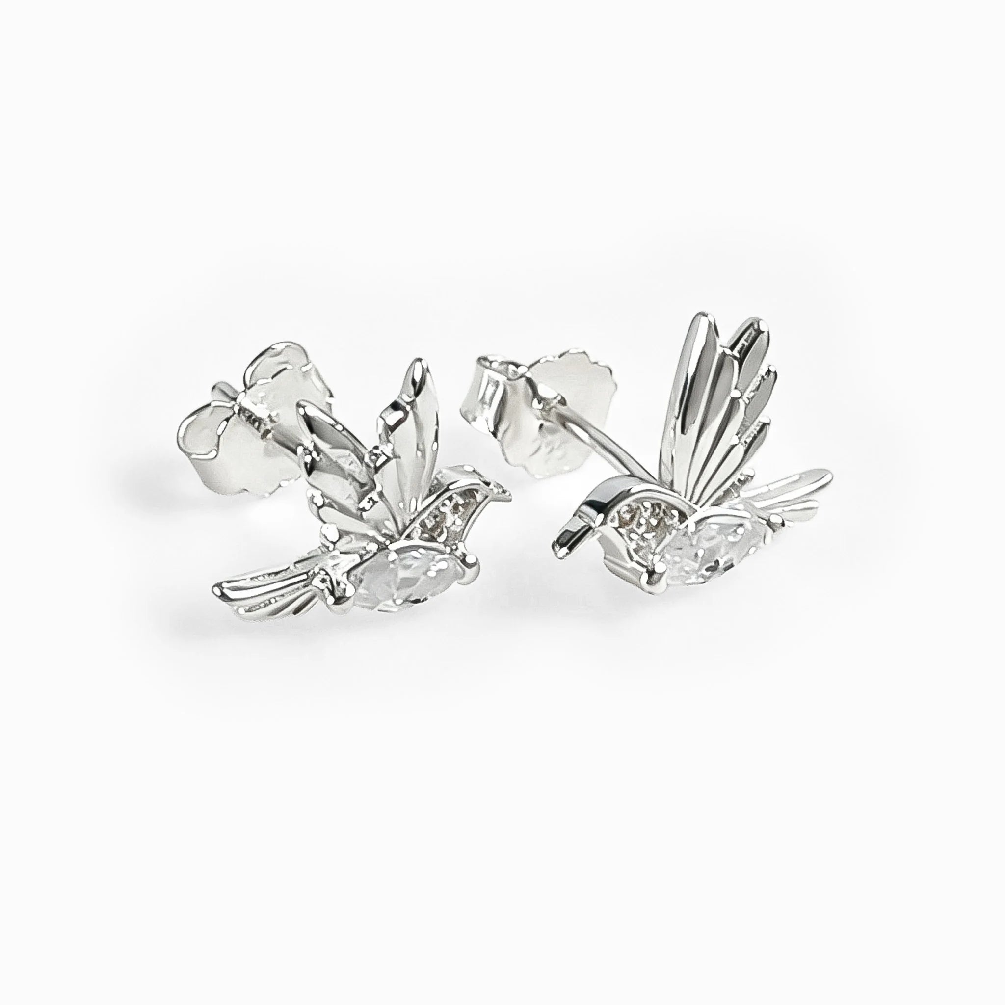 Topos con diseño de colibrí en plata ley 925 y circones blancos de 12x10 mm