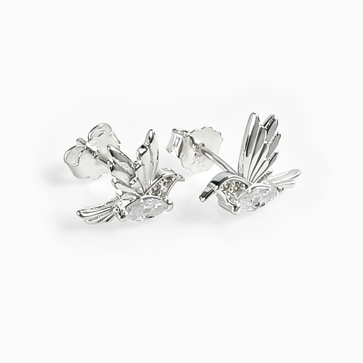 Topos con diseño de colibrí en plata ley 925 y circones blancos de 12x10 mm
