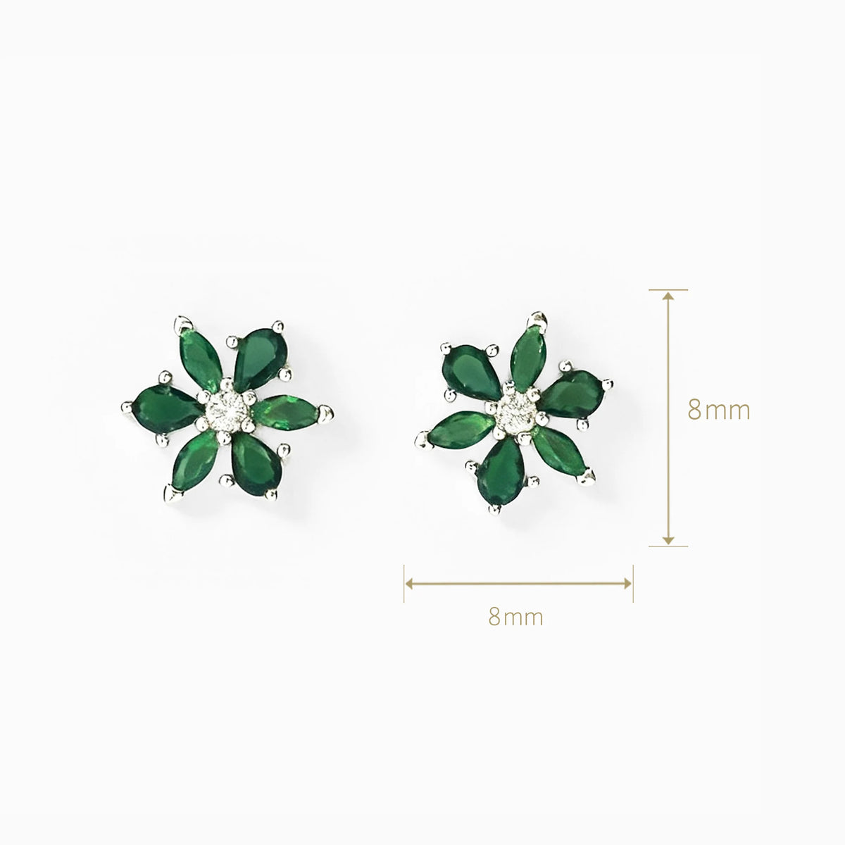 Topos florales de 8 mm en plata ley 925 con circones verdes y circon blanco centra