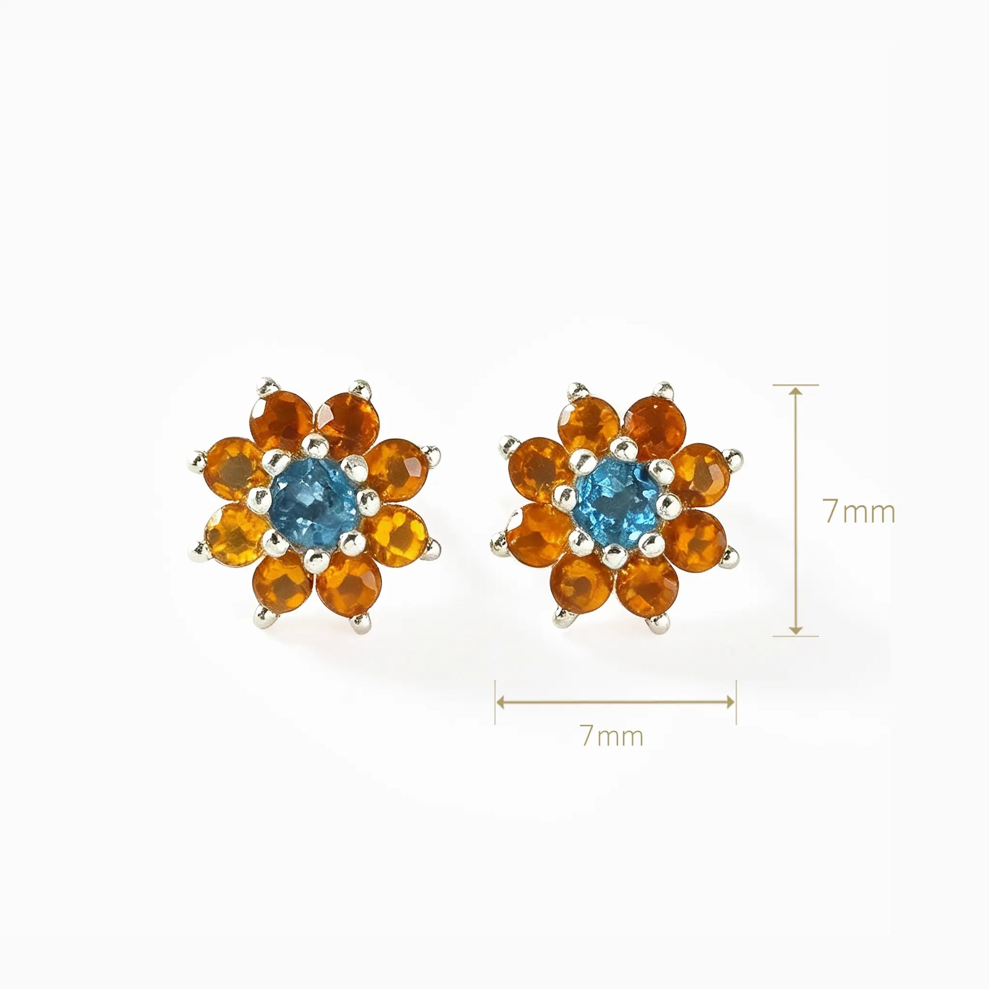 Topos de plata ley 925 con diseño floral, zafiro durazno y topacio baby blue para mujer