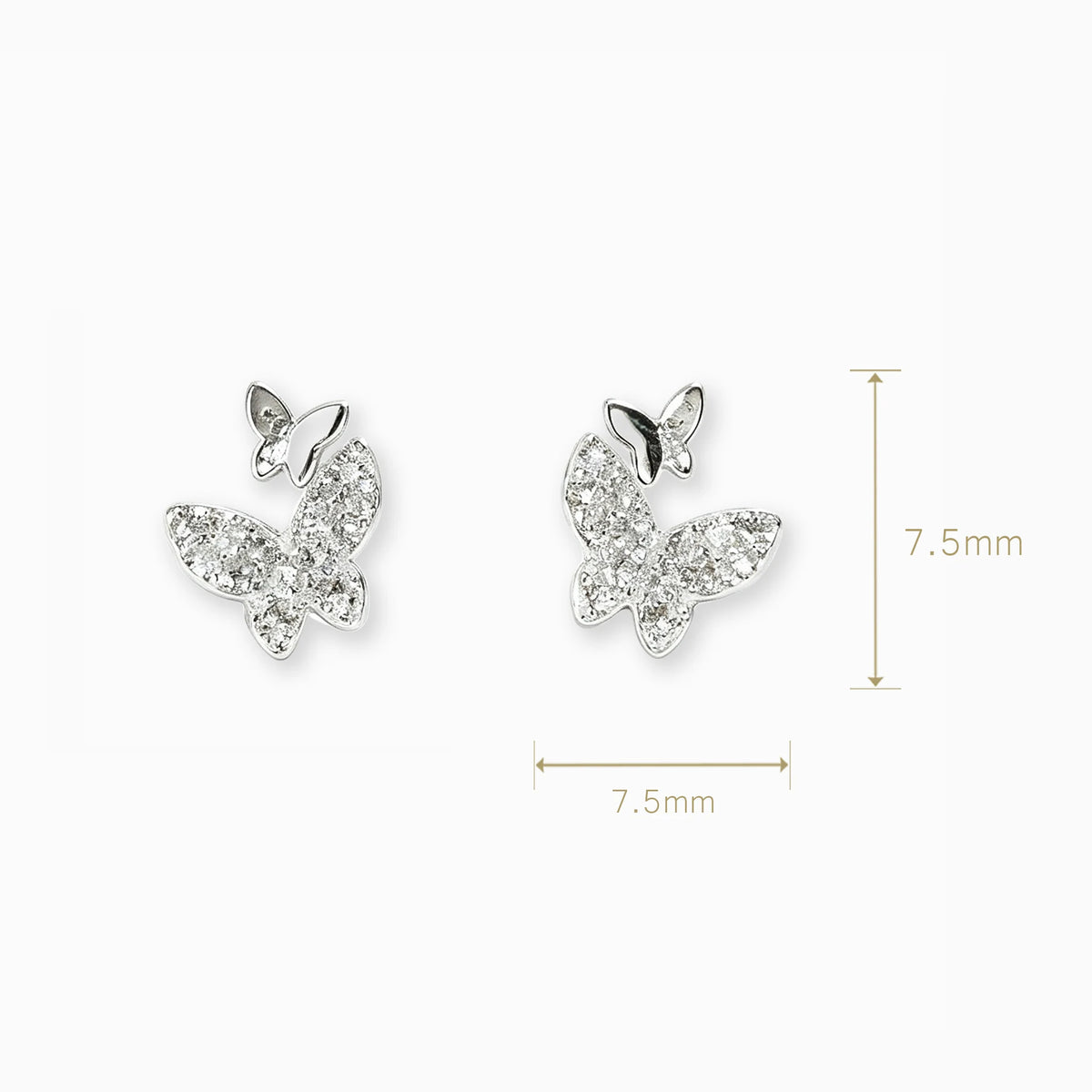 Topos con diseño asimétrico de mariposas de 8x7 mm en plata ley 925 con circones blancos