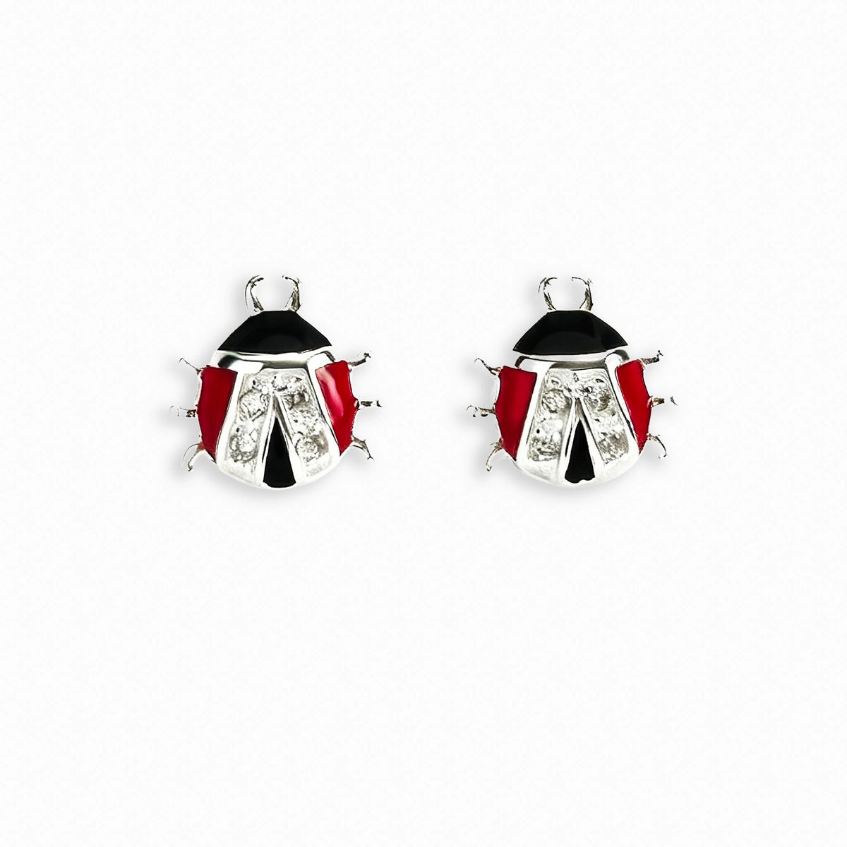 Topos con diseño de mariquita en plata ley 925, esmalte y circones de 7x7 mm