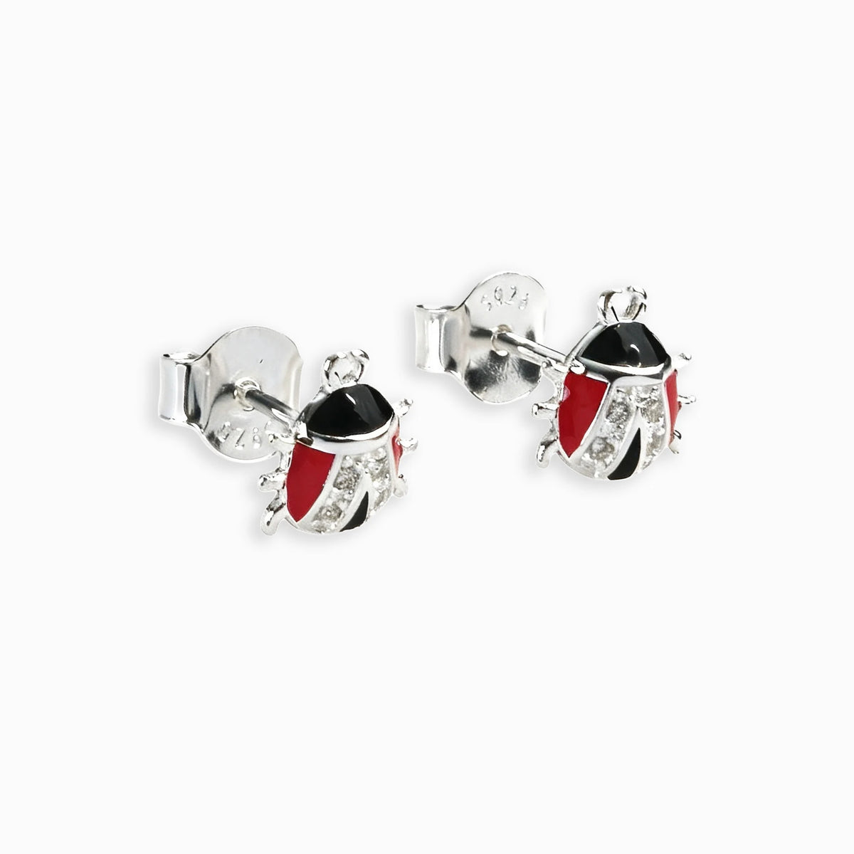 Topos con diseño de mariquita en plata ley 925, esmalte y circones de 7x7 mm