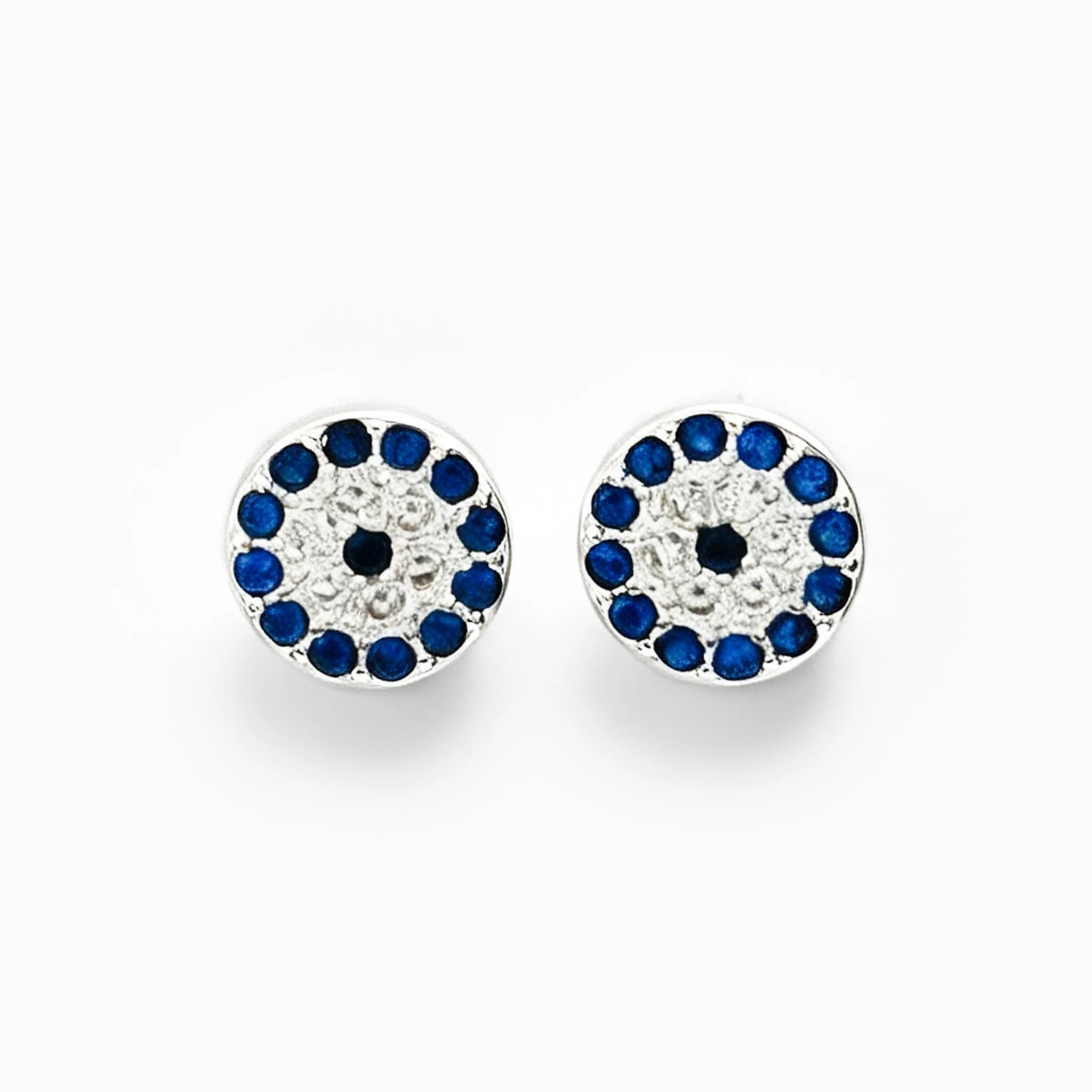 Topos de ojo turco en plata ley 925 de 7 mm con circones azules y blancos.