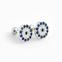 Topos de ojo turco en plata ley 925 de 7 mm con circones azules y blancos.