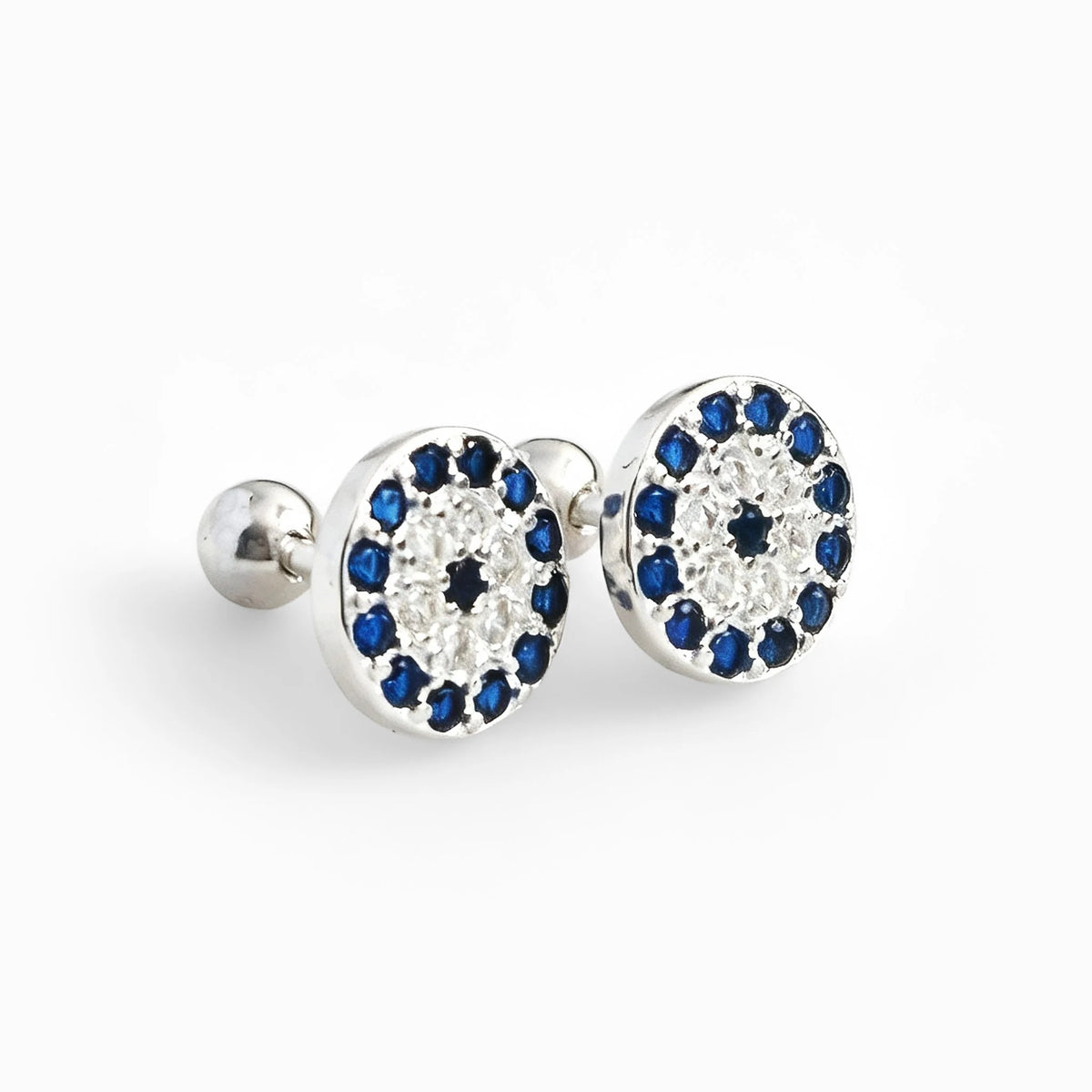 Topos de ojo turco en plata ley 925 de 7 mm con circones azules y blancos.